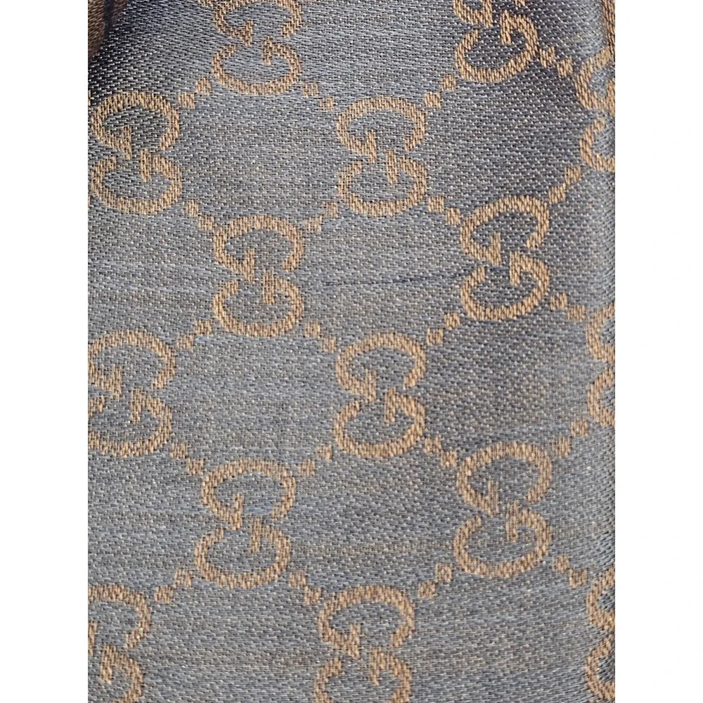 Gucci GG Monogram Scarf Unisex Brown Blue Jacquard Silk Wool Fringed Shawl Wrap